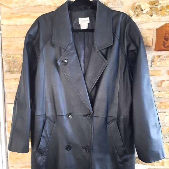 silverleaf Jackets & Blazers - Silverleaf Genuine Leather Trench Coat Black Double Breasted Pockets Size 16